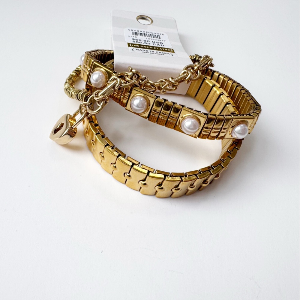 Anthropologie Mixed Beaded Stretch Bracelets Set of 3 in Gold/Pearl | NWT - Picture 2 of 6